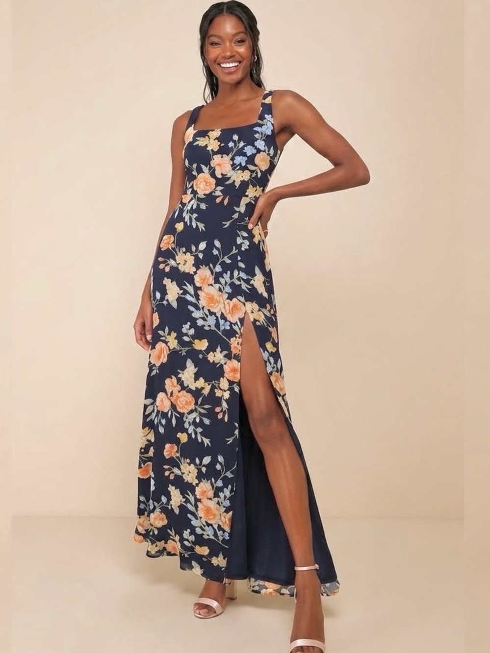 Lulus Remarkable Arrival Navy Blue Floral Sleeveless Maxi Dress, Size XS, NWT